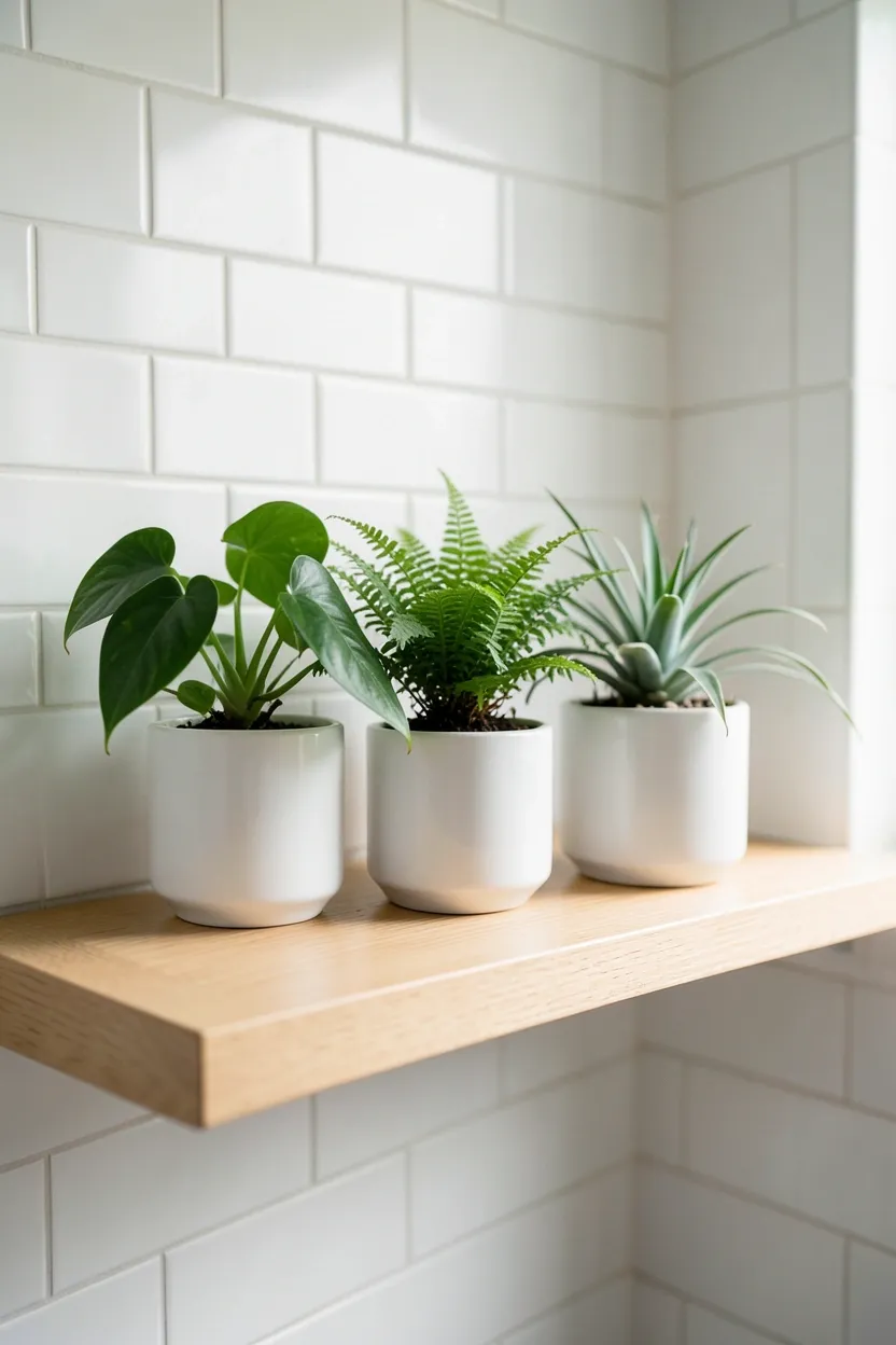 Narrow floating shelf above shower with pothos and ferns in white planters brightening a compact apartment bathroom