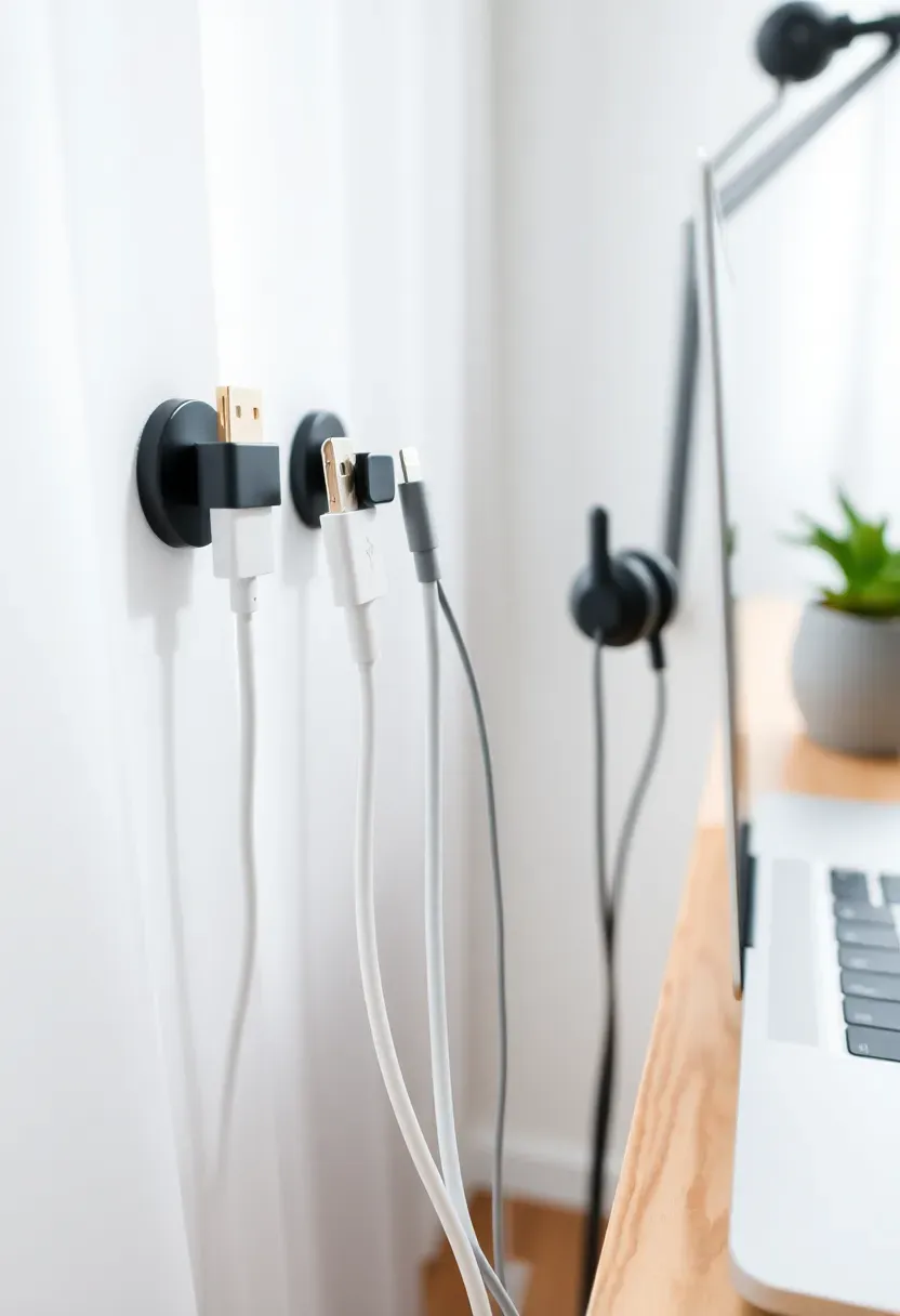 Magnetic cable organizer clips mounted on the edge of a desk holding USB, lightning, and headphone cables in tidy rows