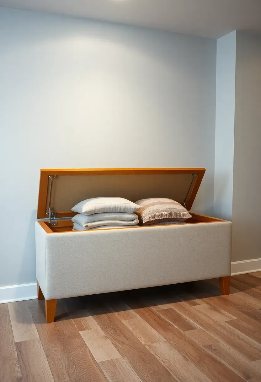 Upholstered storage bench against a basement wall with blankets and pillows stored inside