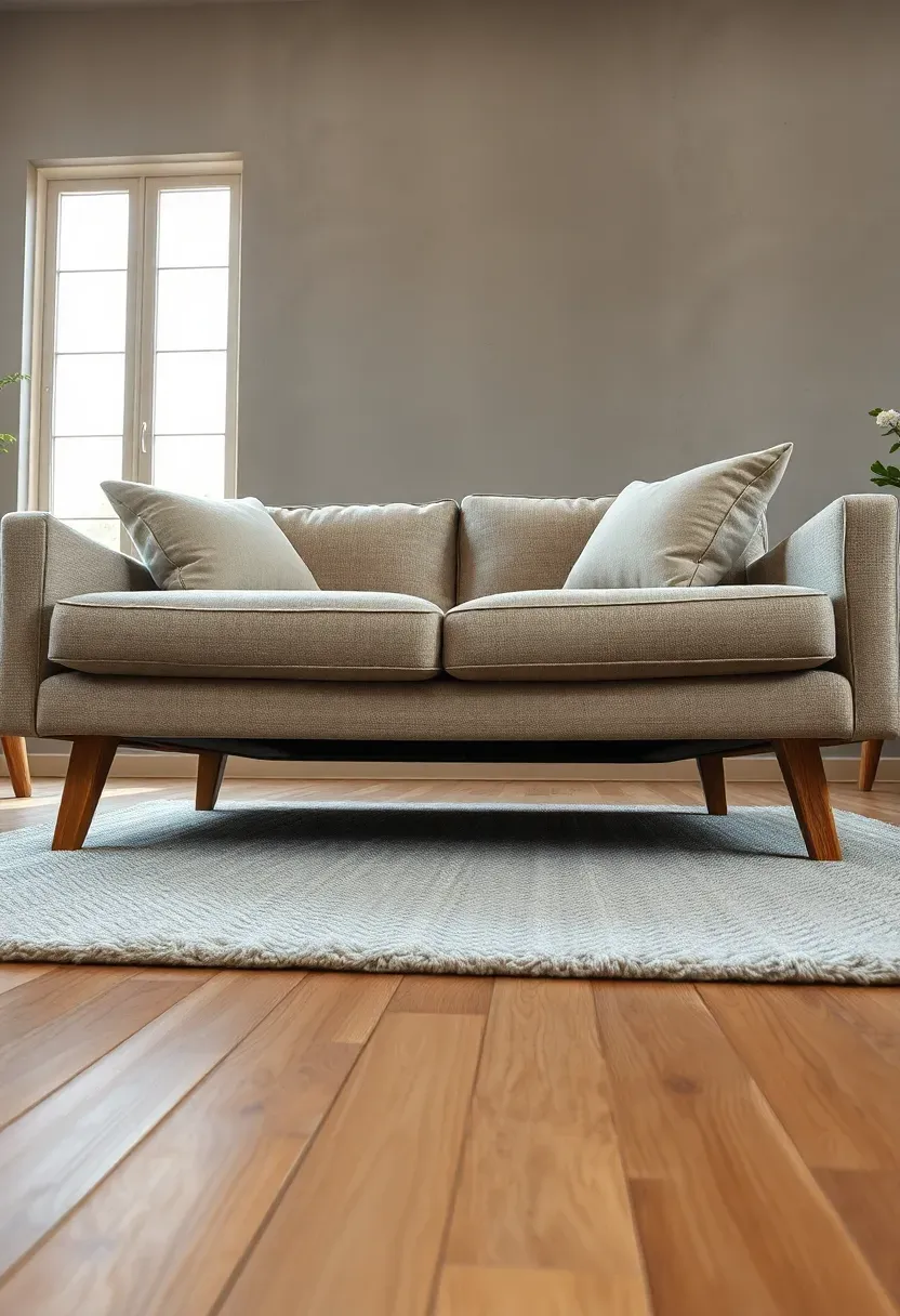 Hyper-realistic eye-level view of an earthy modern living room featuring a low-slung beige sofa (32 inches high) with exposed tapered wooden legs.
