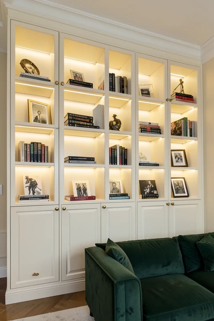 Floor-to-ceiling white built-in shelving with warm LED accent lights displaying books, vases, and art objects in a modern luxury living room