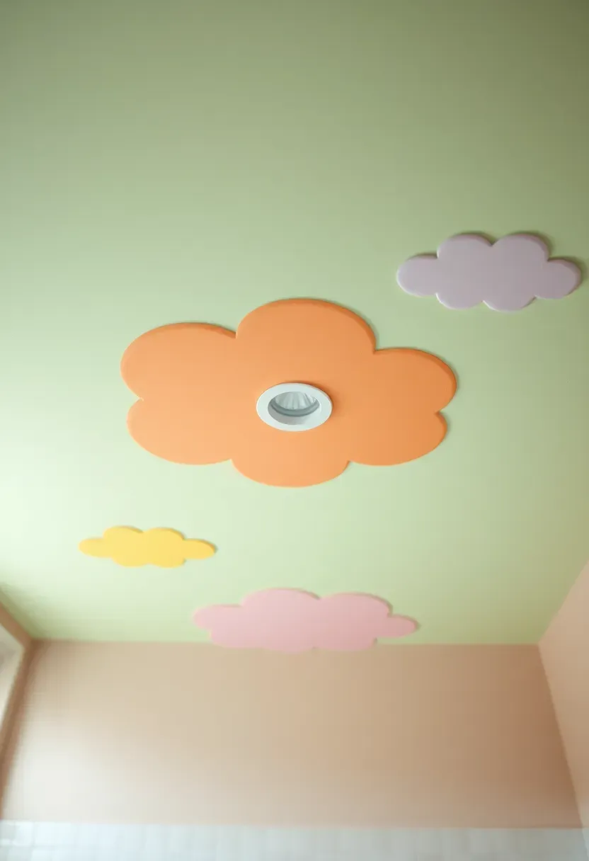 Bathroom ceiling painted with cheerful cloud and star motifs on sky blue background for whimsical decor
