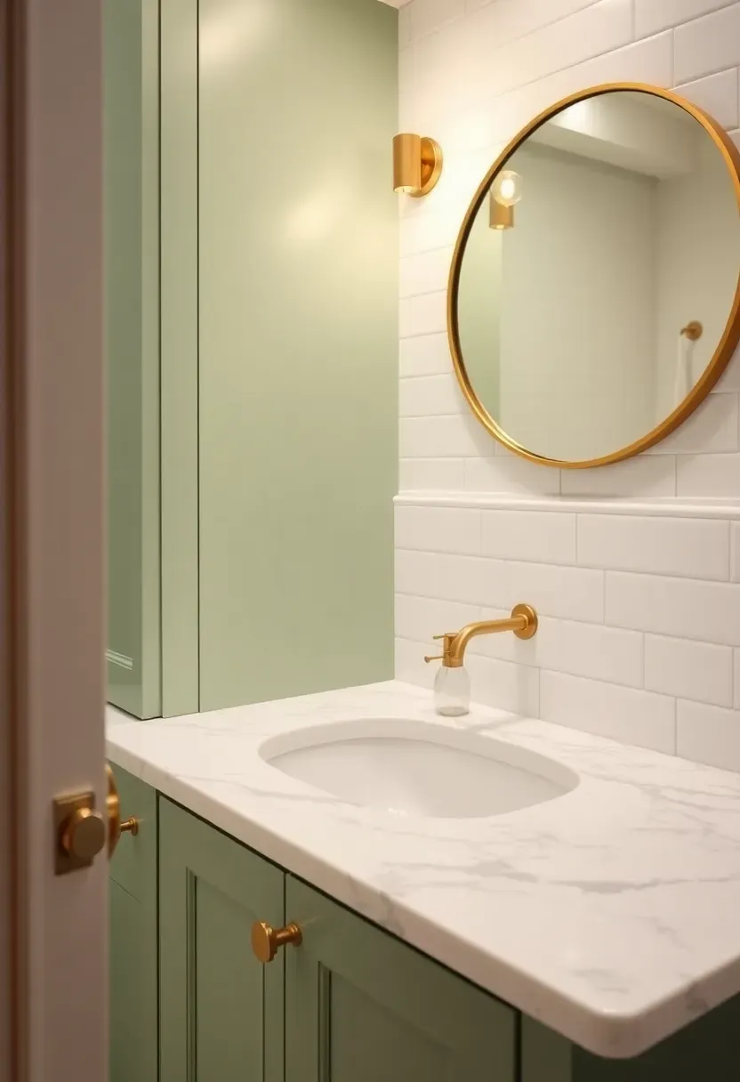 Bathroom vanity painted in soft seafoam green with brushed brass faucet and knobs, white marble countertop, and a round porthole-style mirror