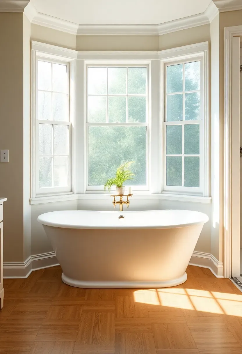 Bathroom with a bay window alcove housing a soaking tub surrounded by natural light