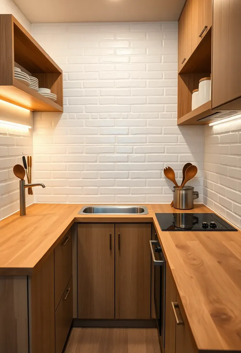 Compact galley kitchenette in a basement apartment with butcher block counters, open shelving, and under-cabinet LED lighting