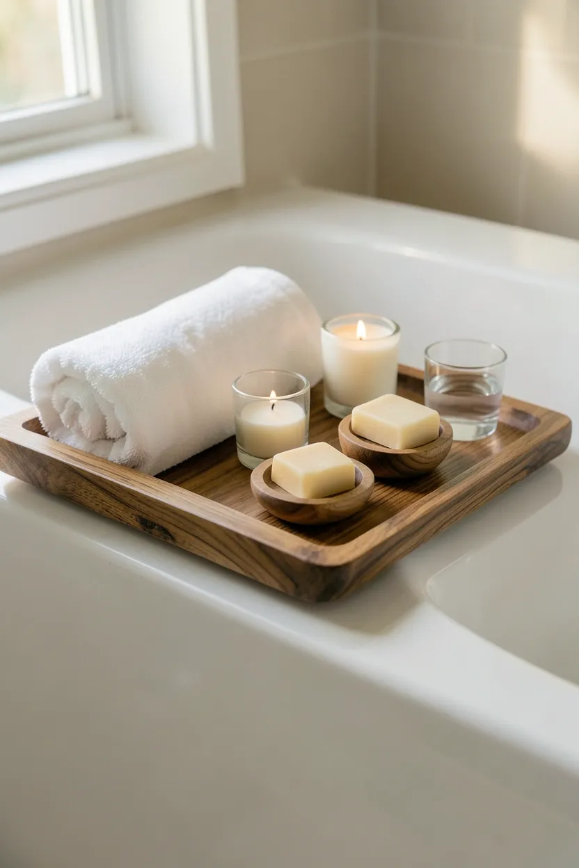 Weathered wood wainscoting panels on lower bathroom wall in a rental apartment, varied warm brown tones beneath soft white upper walls