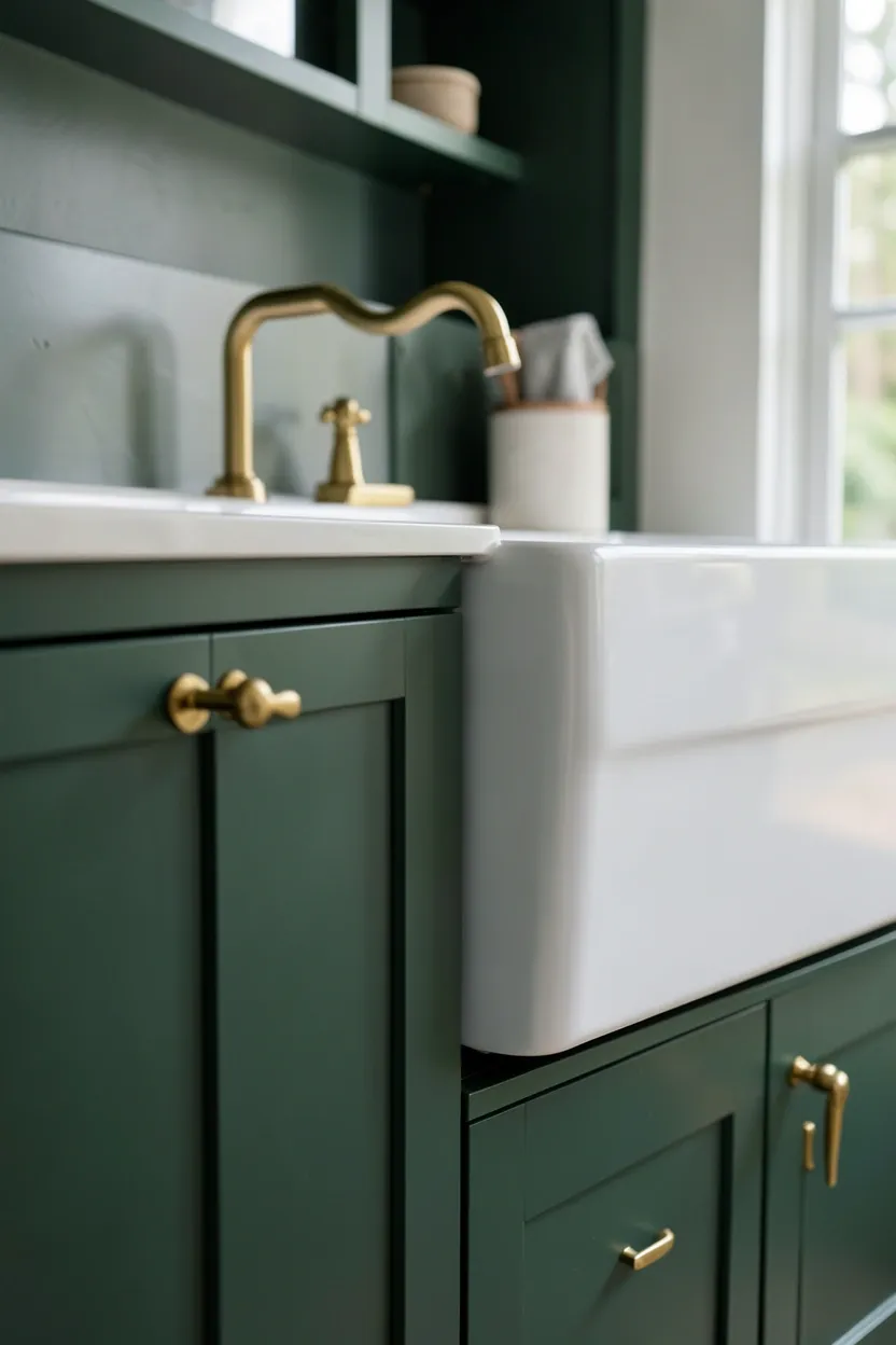 Moody Green Cabinets With Gold Hardware