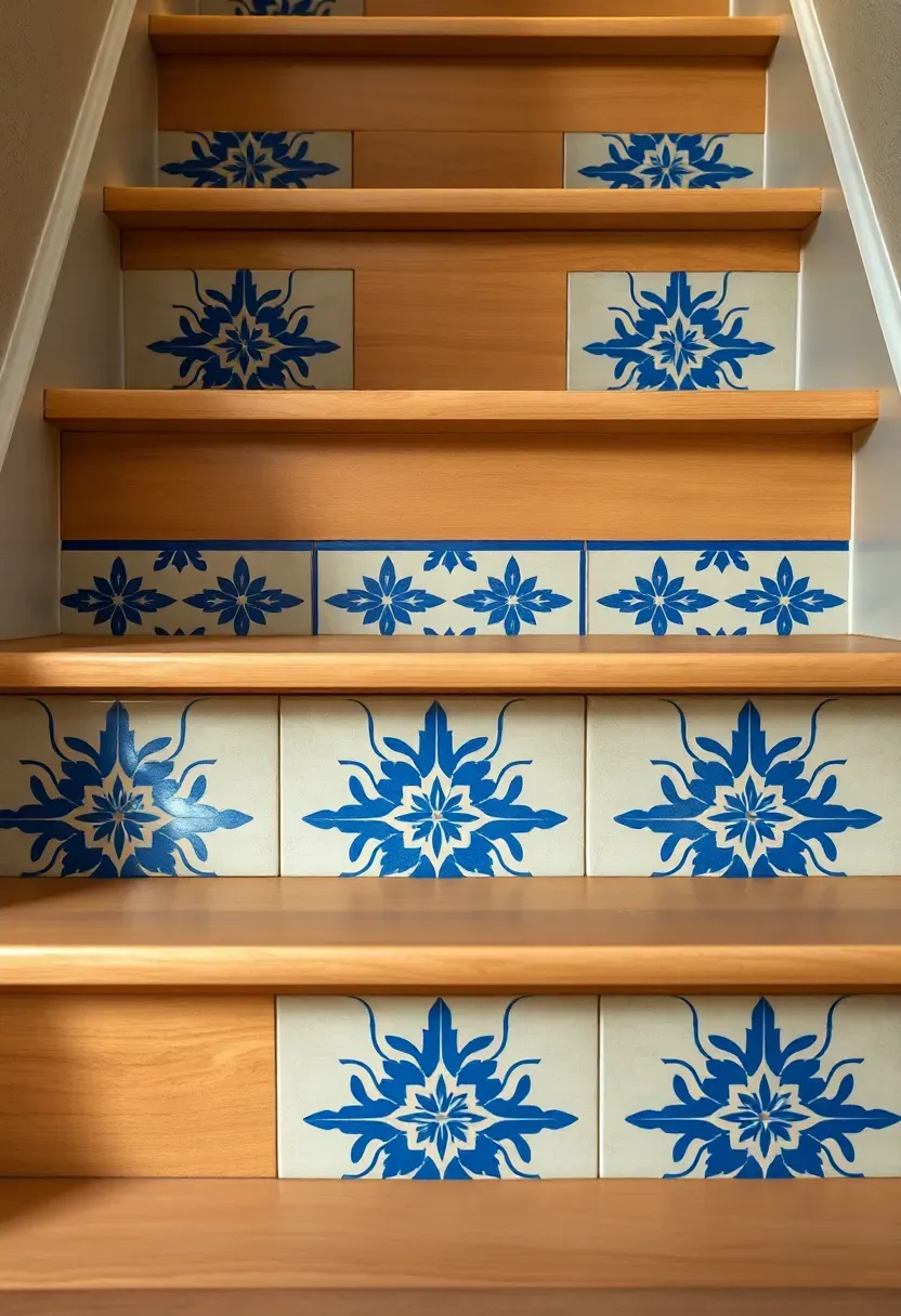 Basement staircase with decorative patterned ceramic tile on each riser in blue and white Mediterranean-style patterns with plain wood treads