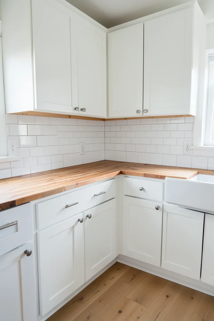 Butcher block wooden countertop with white base cabinets in a rental kitchen, warm natural wood grain against bright white surfaces