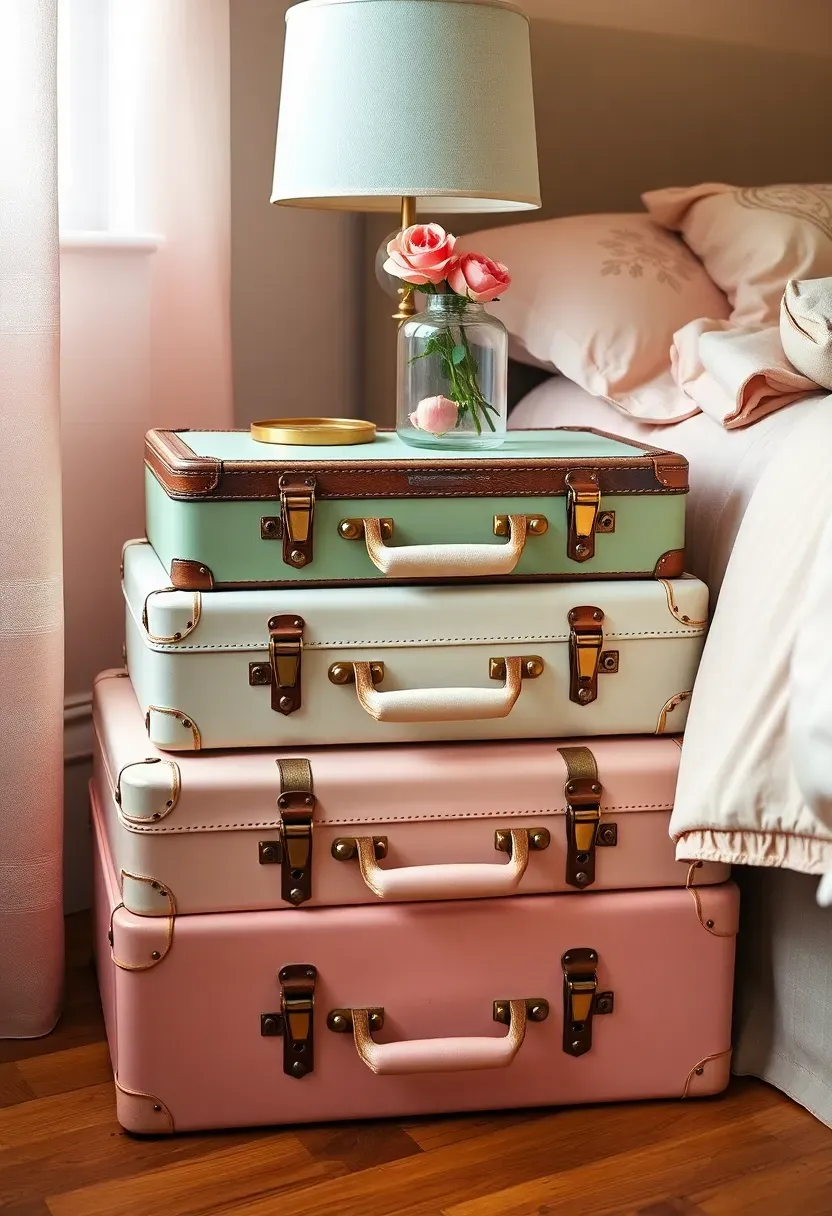Stack of three vintage pastel suitcases used as a bedside table with a small lamp and flowers on top