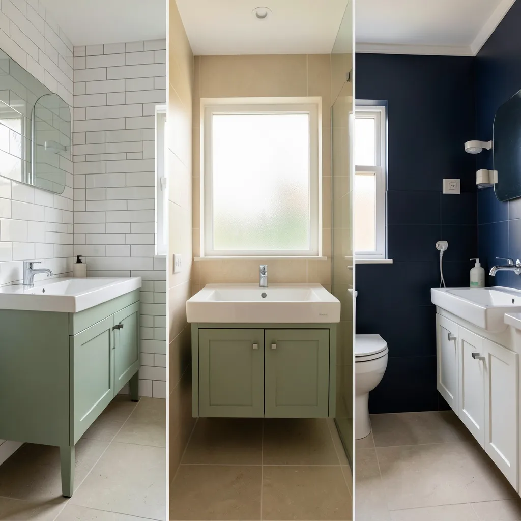 Budget bathroom decor ideas for renters — white vanity with woven baskets and natural wood shelf