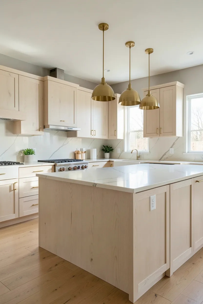 Hyper-realistic wide shot of a modern kitchen with white oak cabinets and quartz countertops. White oak flat-panel cabinets throughout with visible natural grain. Large island in same white oak with waterfall edge. Engineered quartz countertop in cream with subtle gray veining provides clean modern surface. Brass hardware on all cabinets and drawers. Three brass pendant lights over island. Neutral walls in pale warm gray. Large windows with natural light. Clean surfaces. No text, no logos, no watermarks.</p>