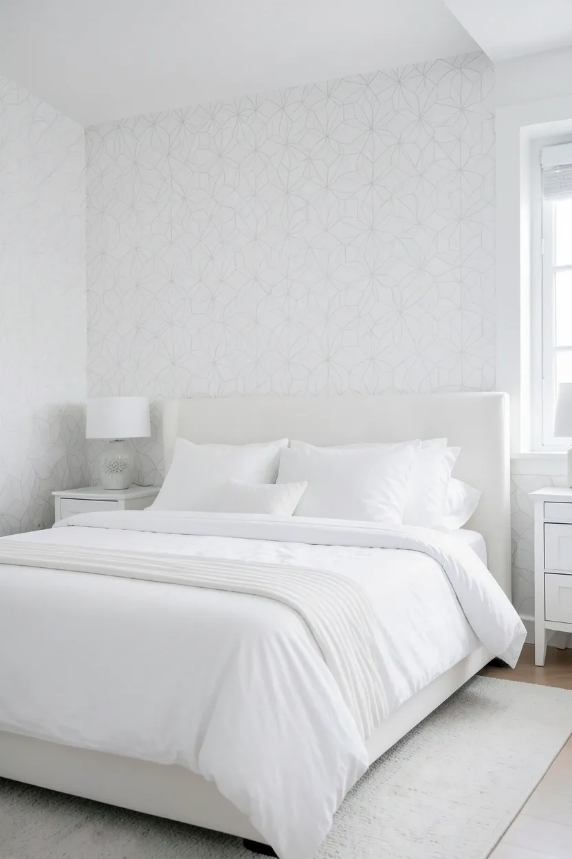White bedroom with white-on-white textured wallpaper accent wall behind the bed, subtle geometric pattern, and crisp white furniture — renter-friendly removable wallpaper