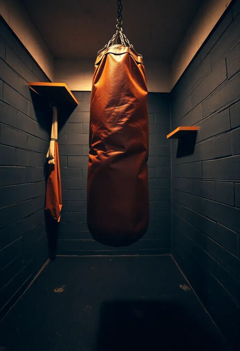 Boxing corner in a home gym with heavy bag hanging from ceiling mount, speed bag platform, hand wraps, and rubber flooring