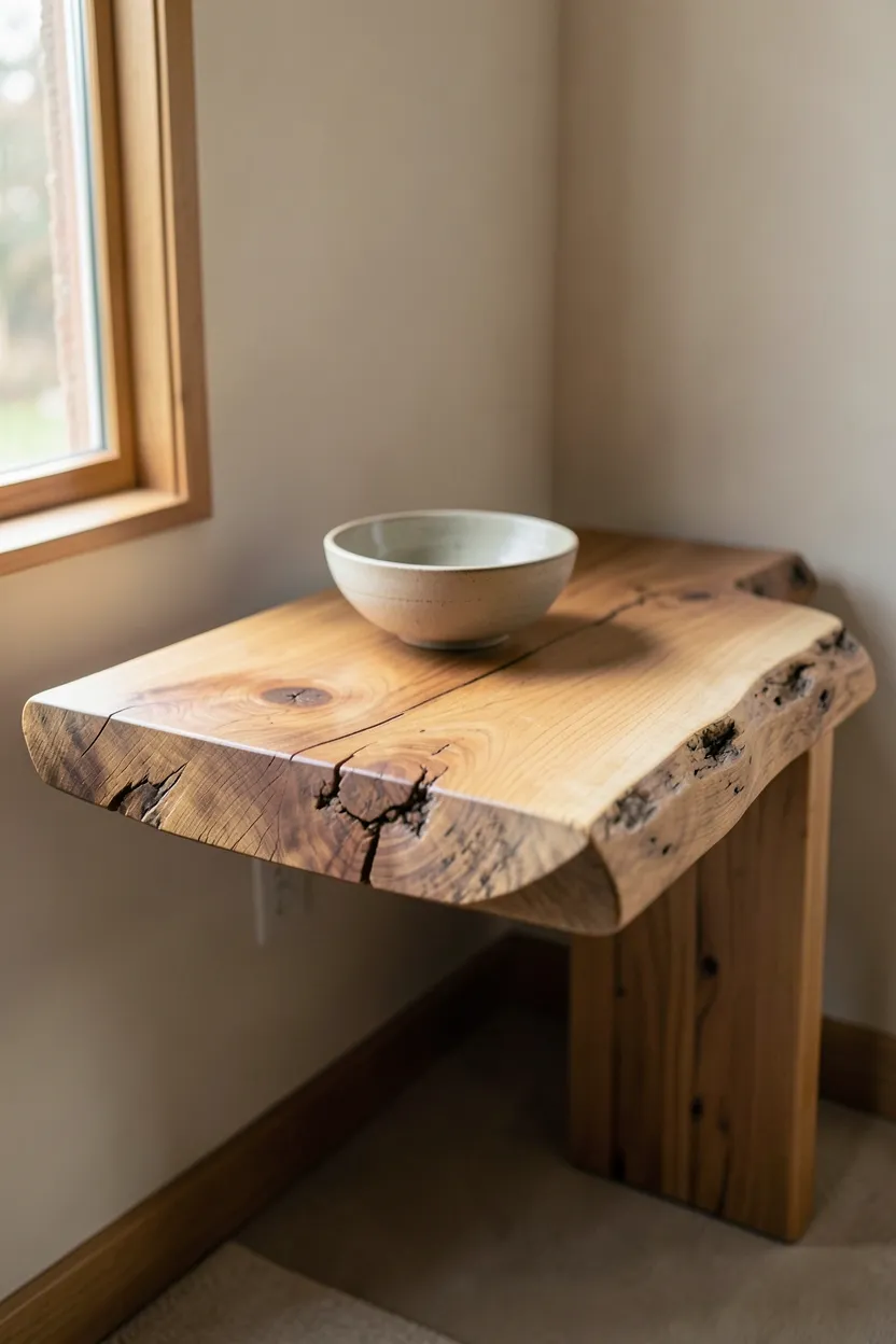 Raw live-edge wooden console table with visible knots and natural grain styled with a single pottery bowl in a wabi sabi living room