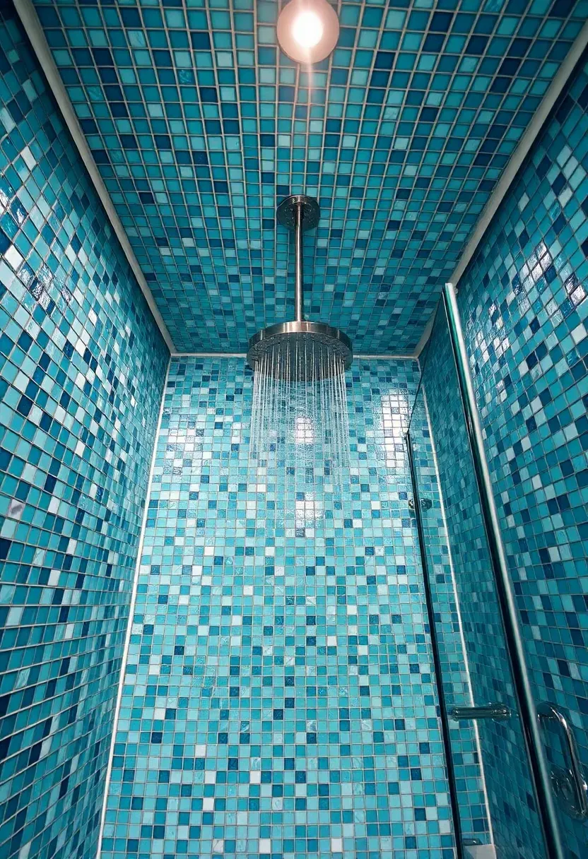 Small glass mosaic tiles in shades of blue and green covering a bathroom ceiling above a walk-in shower