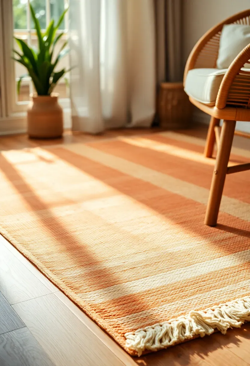 Apartment sunroom floor with a large flat-weave outdoor rug in faded terracotta layered under a smaller cream wool indoor rug, creating a defined seating zone, edges of a rattan chair visible at the corner