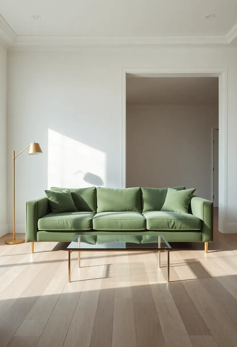Hyper-realistic centered view of sage green velvet sofa as focal point in minimalist living room with white walls, light wood floor, glass coffee table, slim floor lamp. Materials: sage green velvet upholstery with visible pile texture, white painted walls, oak floor, glass and metal. Soft natural light highlighting velvet sheen, luxurious minimalist mood. Clean composition with velvet as star, shallow depth of field, no text, no logos.</p>