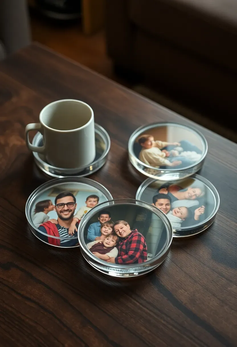set of clear resin coasters with family photos embedded inside on a coffee table