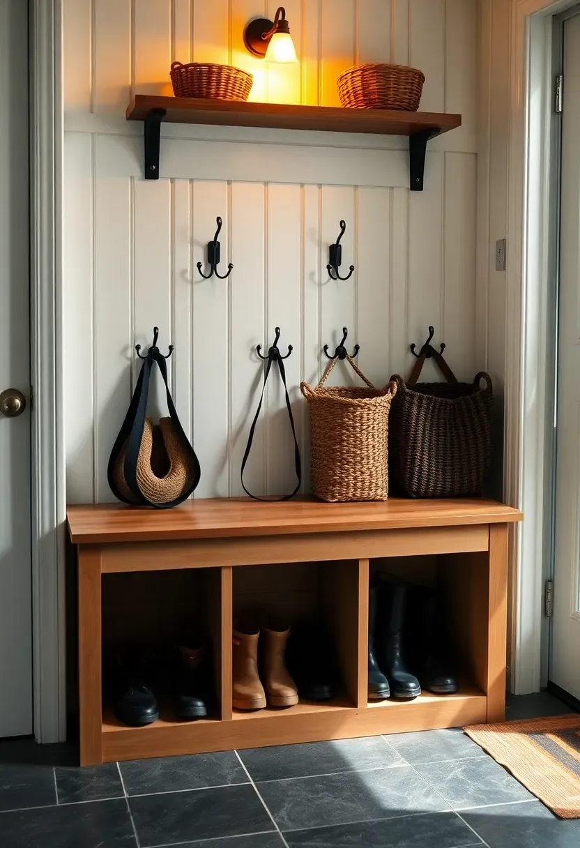 Mudroom-style entryway shelving near a basement door with coat hooks, a bench with shoe storage underneath, and a shelf above for baskets