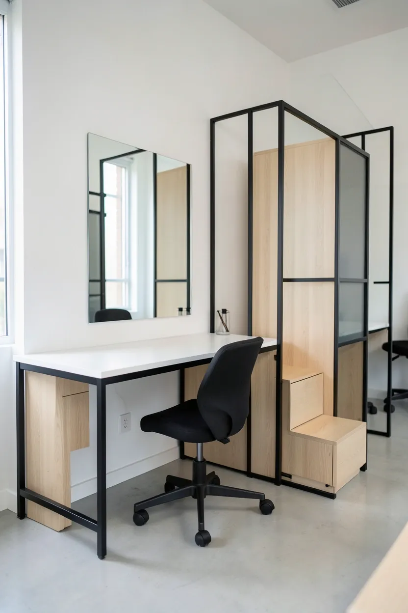 Dual-purpose home gym and office combo with fold-down desk revealing a mirror, suspension trainer, and wall-mounted equipment storage