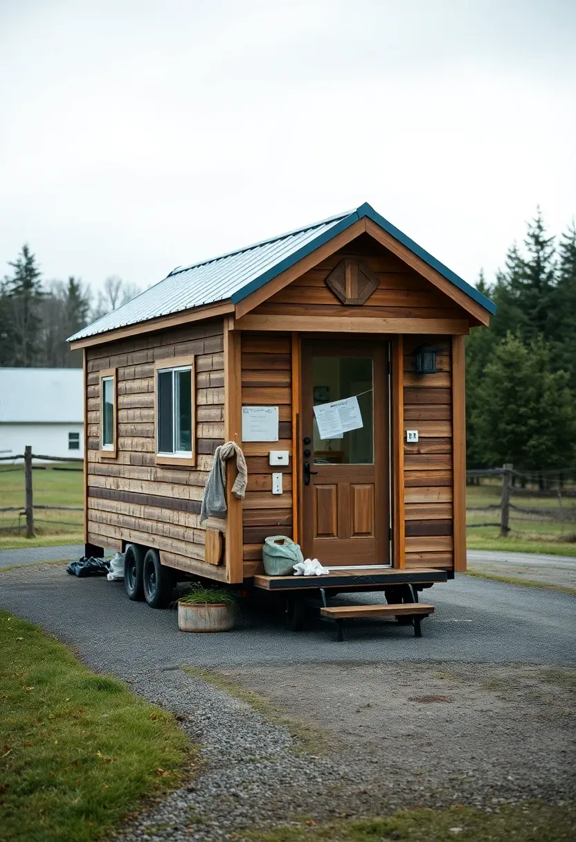 Hyper-realistic 3/4 view of a tiny house parked in a rural driveway with visible regulatory paperwork or permit notice suggesting legal complications. Materials: wood siding, metal roof, paper documents visible. Overcast flat lighting showing bureaucratic reality. Legal challenge mood with visible isolation suggesting limited legal parking options. Shallow depth of field, sharp documentary details, realistic constraint composition. No text, no logos, no watermarks.</p>