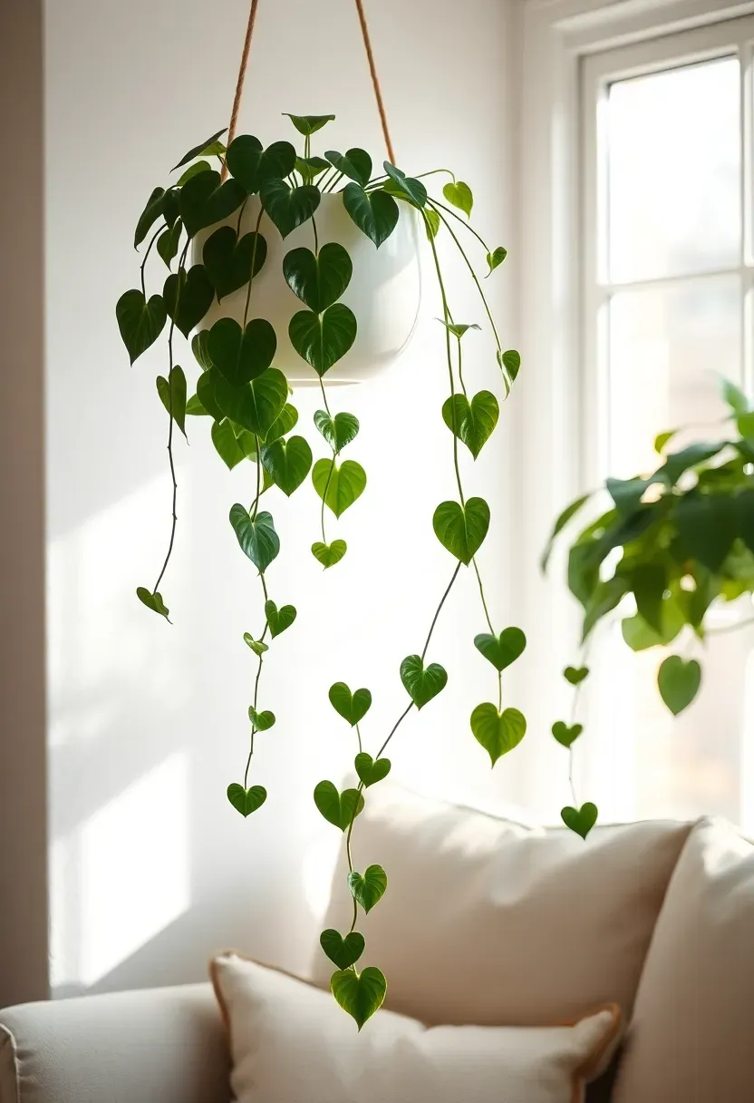 Heartleaf philodendron trailing from a hanging planter above a sunroom sofa with long green vines cascading down the white wall in bright natural light