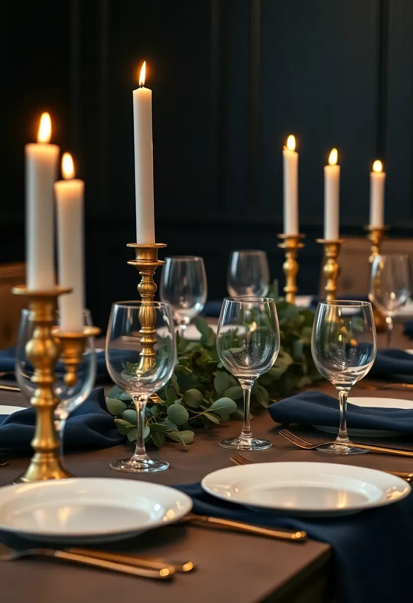 Elegant candlelit dinner table with taper candles in brass holders, dark napkins, and fine china for a formal event