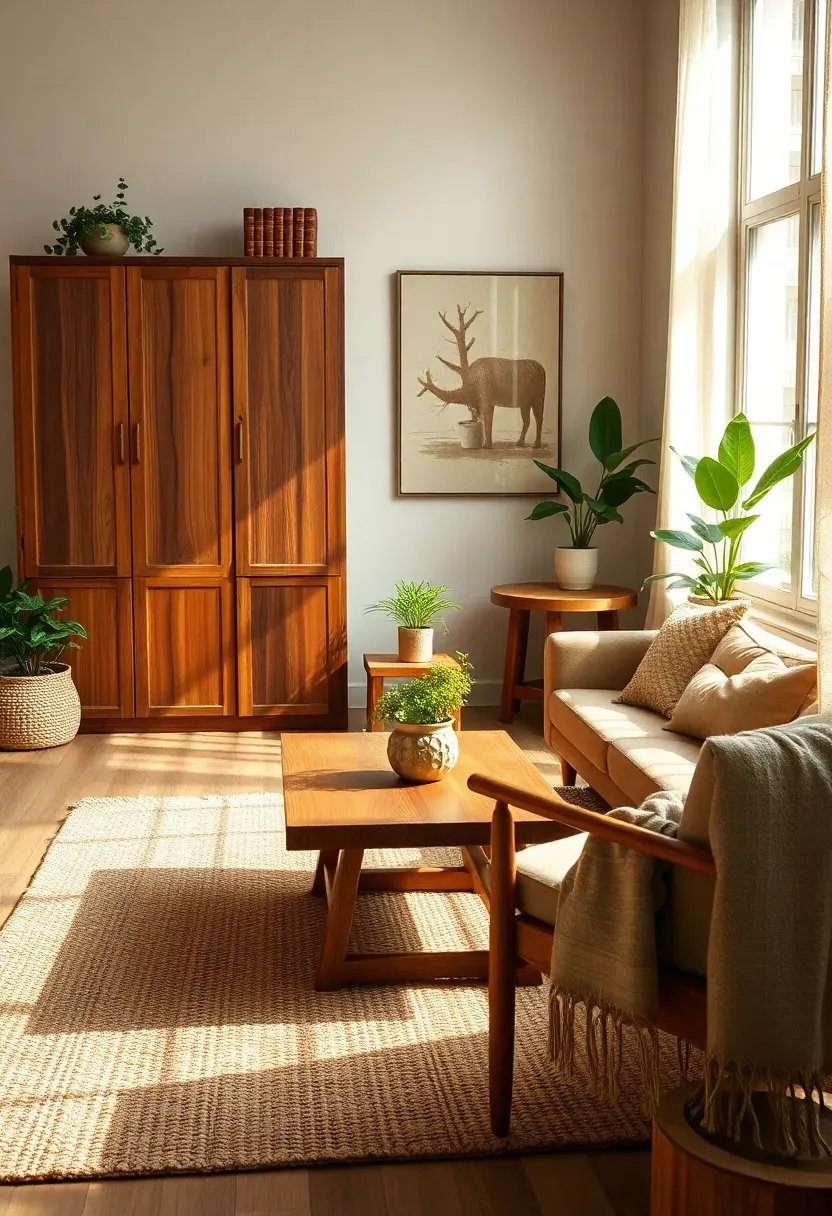 Hyper-realistic 3/4 view of an earthy boho living room showing beautiful wood tone mixing—light oak coffee table, dark walnut bookshelf, medium cherry side table, and natural pine accent chair, all visible in one cohesive arrangement. Jute rug, plants, textiles. Materials: light oak with visible grain, dark walnut with rich brown tones, medium cherry with reddish undertones, natural pine with visible knots, chunky jute rug, linen textiles in earthy colors, potted plants. Natural daylight showing how varied wood tones create warmth and depth rather than visual conflict. Collected authenticity emphasis. Shallow depth of field showing furniture mix foreground with room context beyond. No text, no logos, no watermarks.</p>