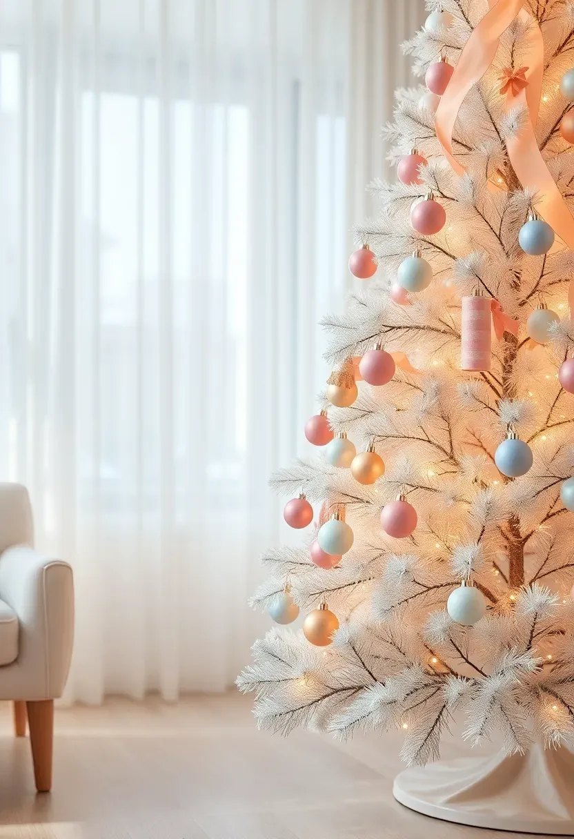 Hyper-realistic 3/4 view of a white Christmas tree decorated with pastel rainbow ornaments in soft pink, peach, mint, lavender, and baby blue. Materials: white flocked pine branches, matte pastel plastic and glass ornaments, optional sheer pastel ribbon, warm white LED lights. Bright soft light through sheer curtains (5000K), creating gentle pastel shadows on light floor. Playful mood, shallow depth of field with pastel ornament details sharp, visible room context with light feminine furniture. No text, no logos, no watermarks.</p>