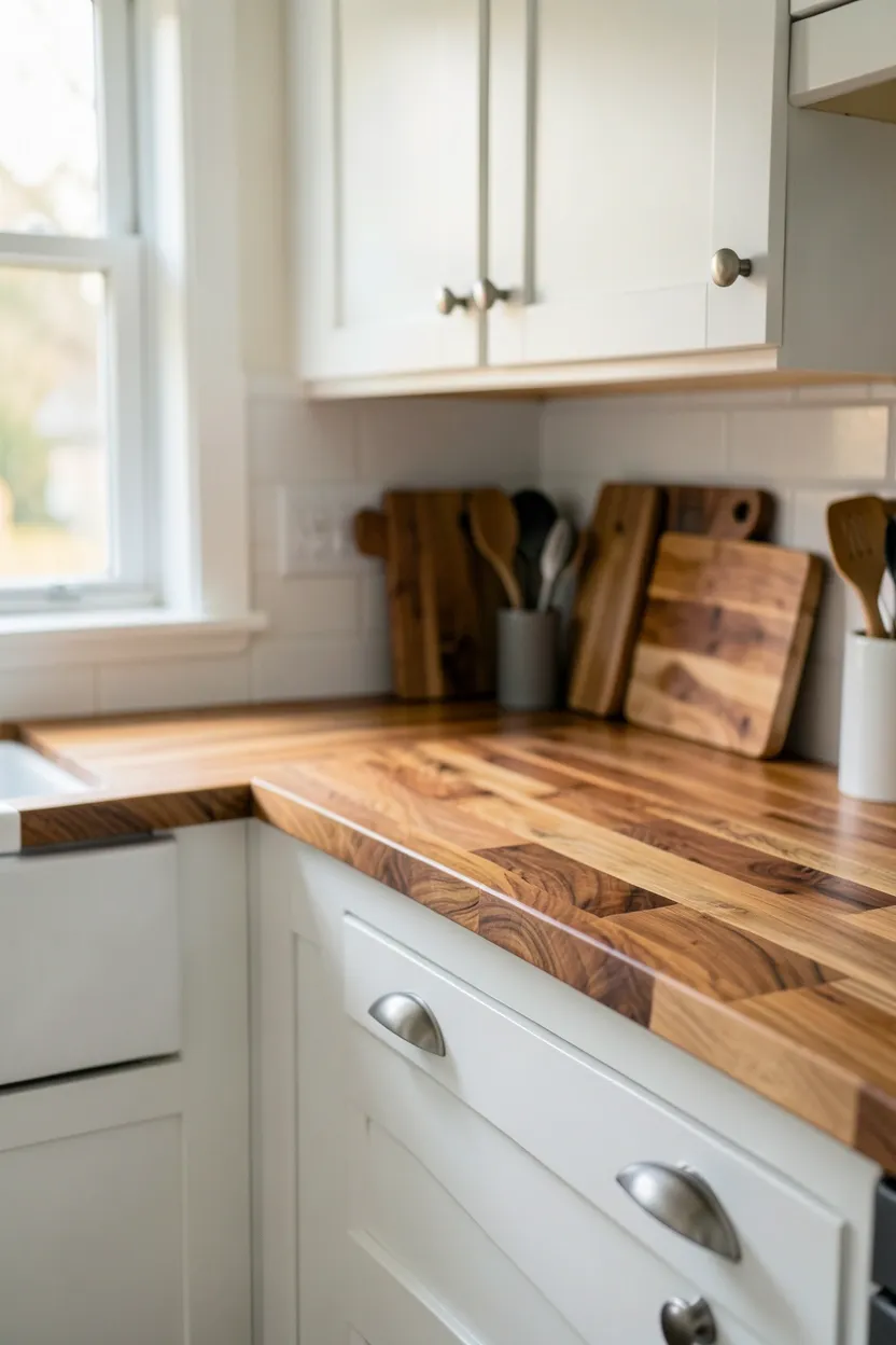 Warm maple butcher block countertops on crisp white Shaker cabinets — a budget-friendly renter-friendly organic modern kitchen combination