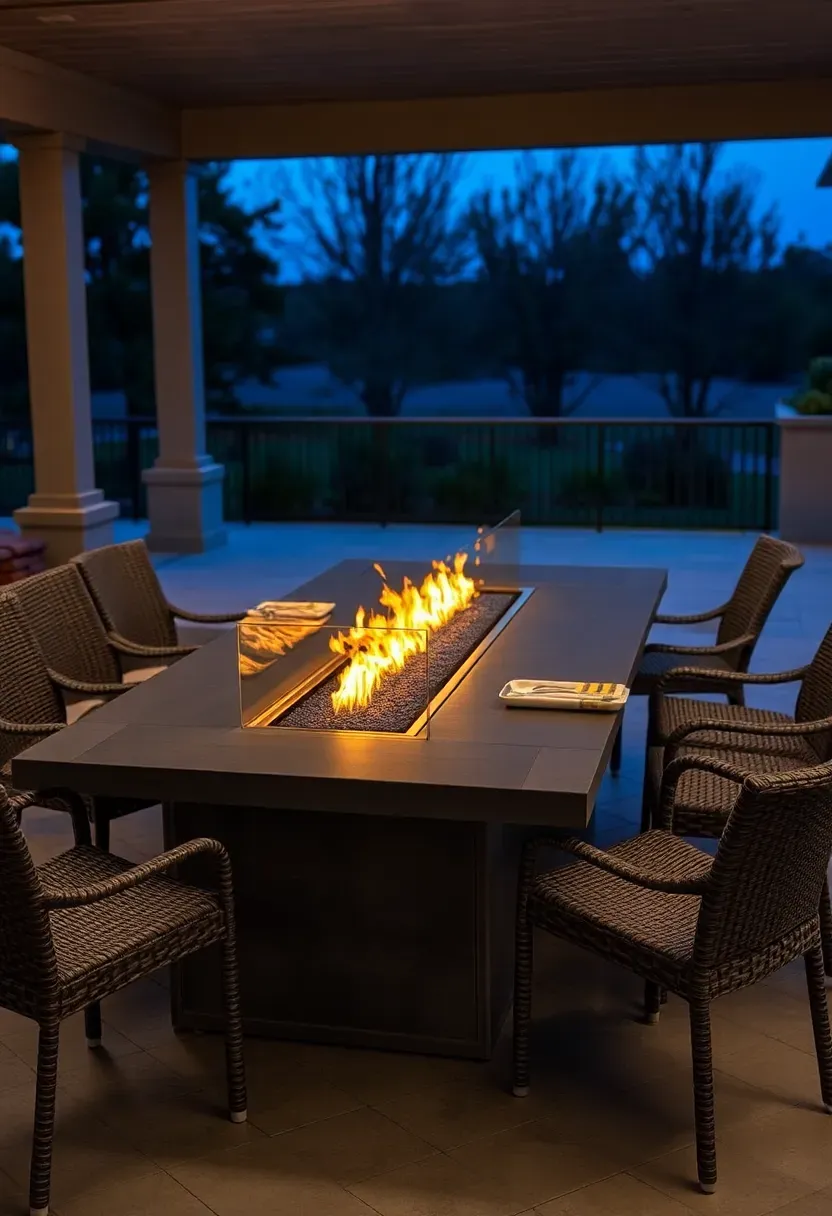 Rectangular gas fire table surrounded by outdoor dining chairs with a built-in cooking grate accessory on top