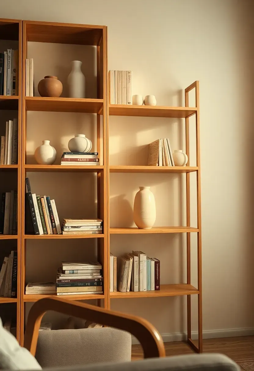 Modular bookshelf with ceramics and books