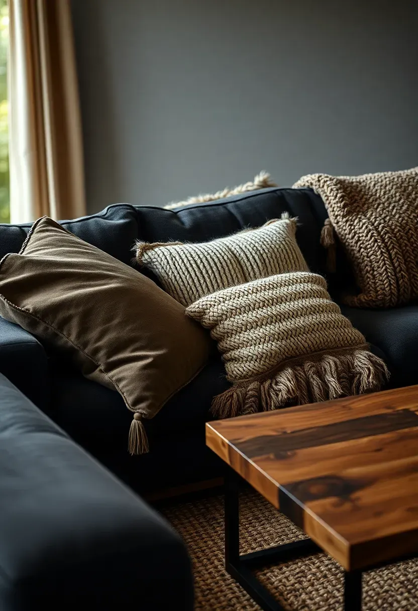Hyper-realistic 3/4 view of living room with dark grey couch, mix of textured pillows: smooth leather, nubby wool, velvet, chunky knit, faux fur throw, jute rug layered over sisal, wood and metal coffee table. Materials: charcoal fabric, various pillow textures, jute, sisal, weathered wood, brushed steel. Soft ambient light from multiple sources, subtle shadows highlighting texture variations. Textured layered mood like cozy mountain cabin. Shallow depth of field, extreme close detail on pillow texture mix. No text, no logos, no watermarks.</p>
