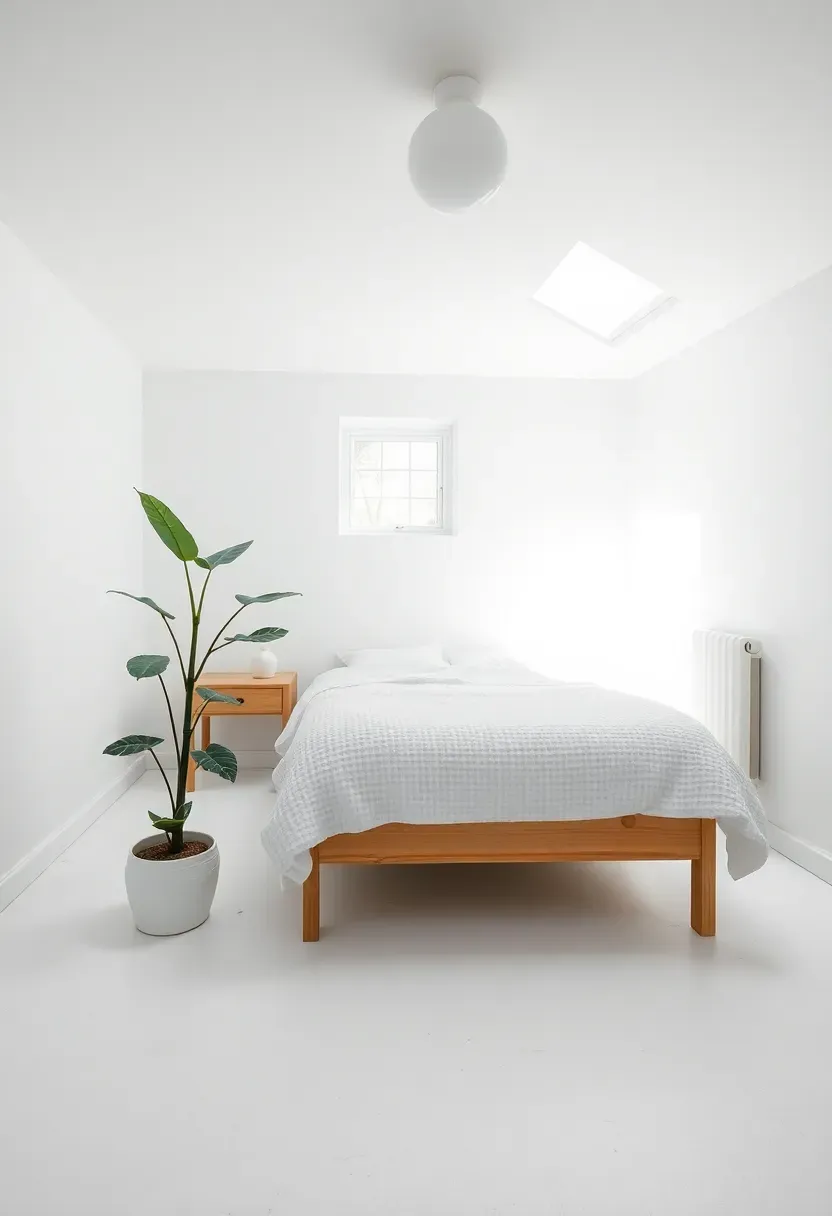 Bright white Scandinavian basement bedroom with light birch furniture, white bedding, and a single green plant