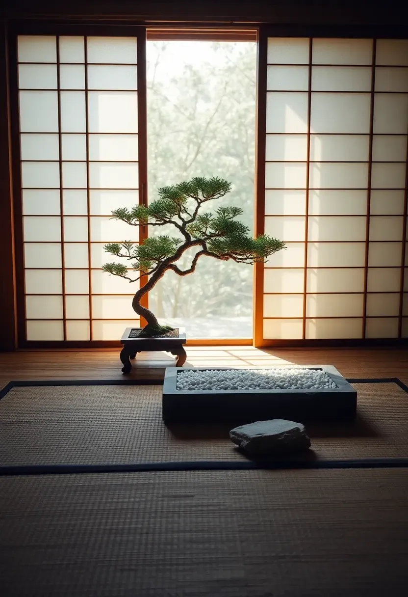 Japanese zen sunroom with tatami mat floor, low wooden platform, bonsai tree, shoji screen panels, and raked gravel tray in tranquil morning light