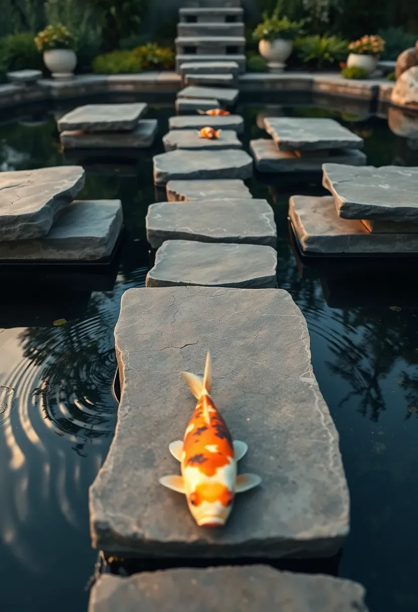 Koi pond with large flat stepping stones placed across the surface creating a path over the water