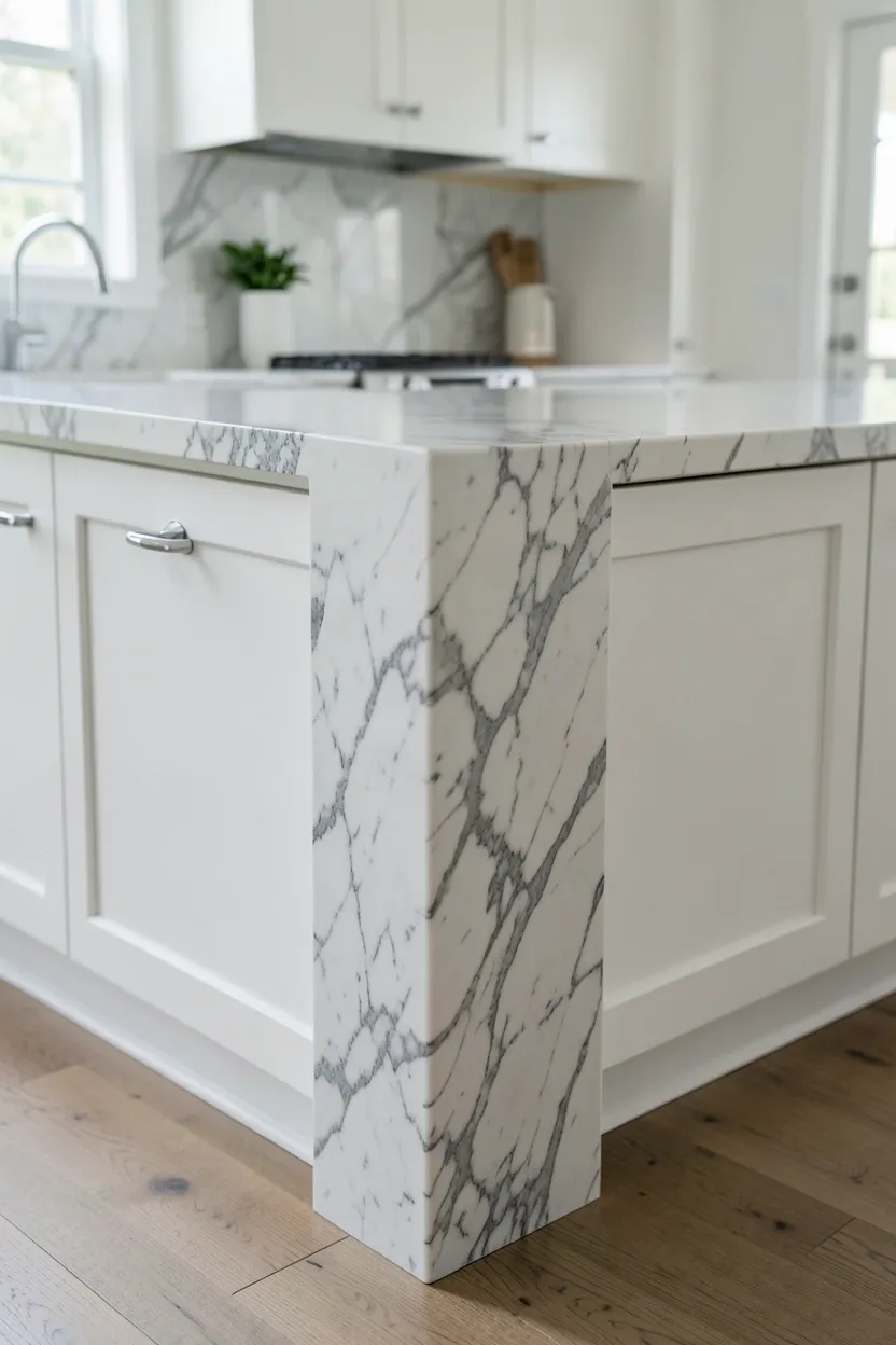 Hyper-realistic eye-level photograph of a modern elegant kitchen island with waterfall quartz countertops in Carrara marble pattern. The quartz slab flows continuously from the horizontal countertop surface down both vertical sides of the island to the floor. White shaker cabinets underneath with polished chrome pulls. Subtle grey veining throughout the quartz. Natural light reflecting off the polished surface. Materials: engineered quartz, white painted wood, polished chrome. Contemporary elegant mood. Sharp focus on the waterfall edge and quartz pattern. No text, no logos, no watermarks.</p>