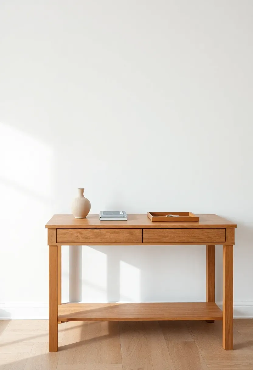 Hyper-realistic close view of minimalist console table against white wall, table surface 70% empty with only three intentional objects — small ceramic vase, one book, tray for keys, abundant negative space around each item, light oak floor visible. Materials: white painted wall, oak wood console, ceramic vase. Natural light, restrained elegant mood. Minimal surface decoration, shallow depth of field, no text, no logos.</p>
