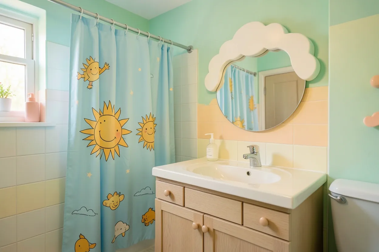 Toca Boca inspired bathroom with pastel mint walls, cloud-shaped mirror, and rainbow shelving in a small rental space