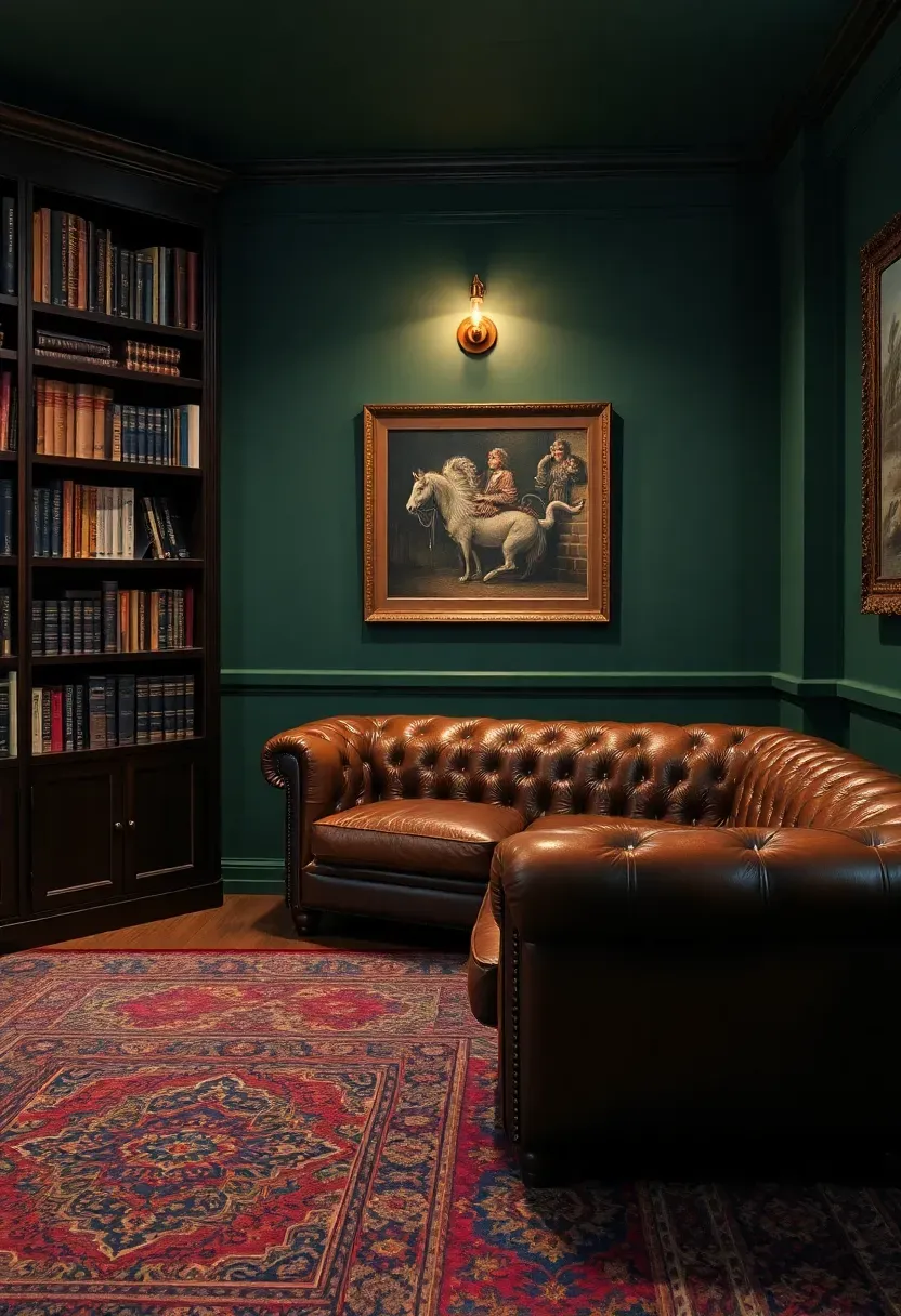 sophisticated basement lounge with hunter green walls and leather seating