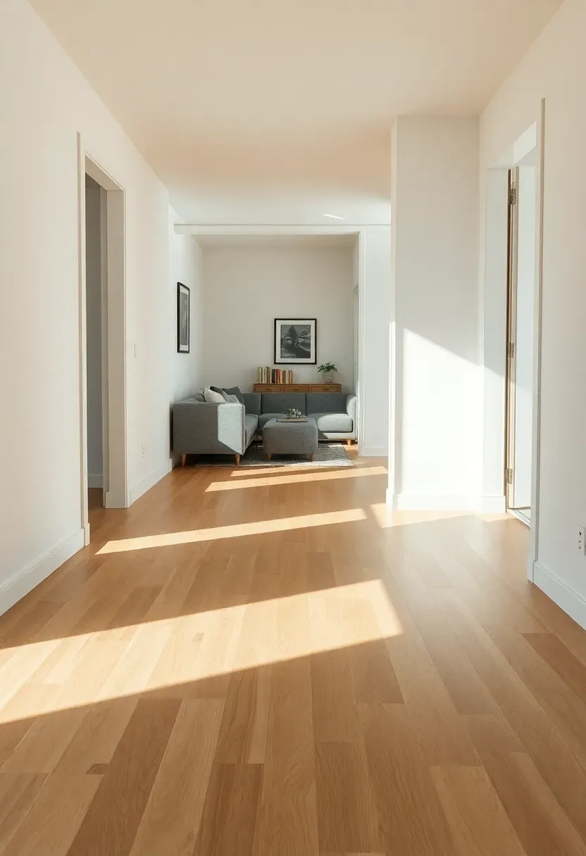 Hyper-realistic view of small minimalist living room with light oak flooring continuing through doorway into adjacent space, no threshold or transition visible, small apartment living room, gray sofa, white walls, seamless floor continuity. Materials: continuous light oak hardwood flooring, white walls, gray sofa, minimal area rugs. Natural light, expansive flow mood. Unbroken flooring eliminating boundaries, shallow depth of field, no text, no logos, no watermarks.</p>