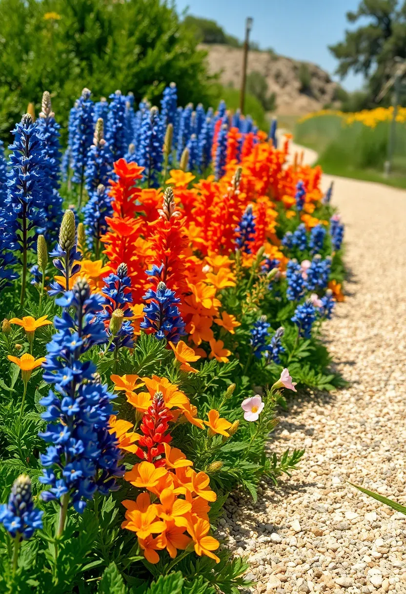 Border of Texas wildflowers including bluebonnets, Indian paintbrush, and pink evening primrose along a gravel pathway in a sunny backyard