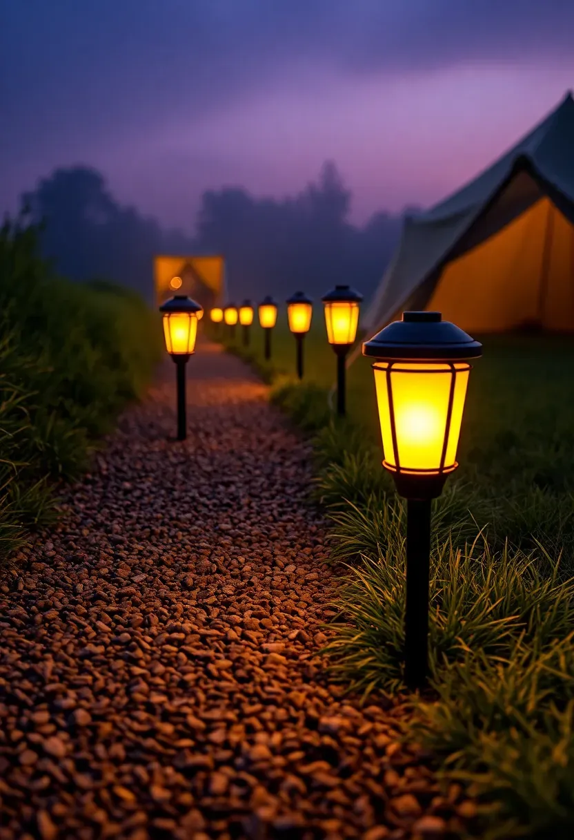A garden pathway at twilight lined with warm-glowing solar-powered lanterns leading to a campsite area with a tent in the background