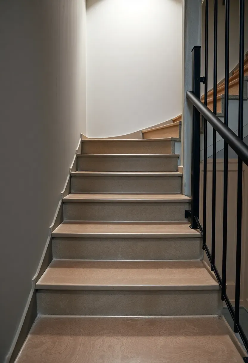 Basement stairs with smooth stained concrete treads in a warm grey tone with a subtle sheen and black metal railing