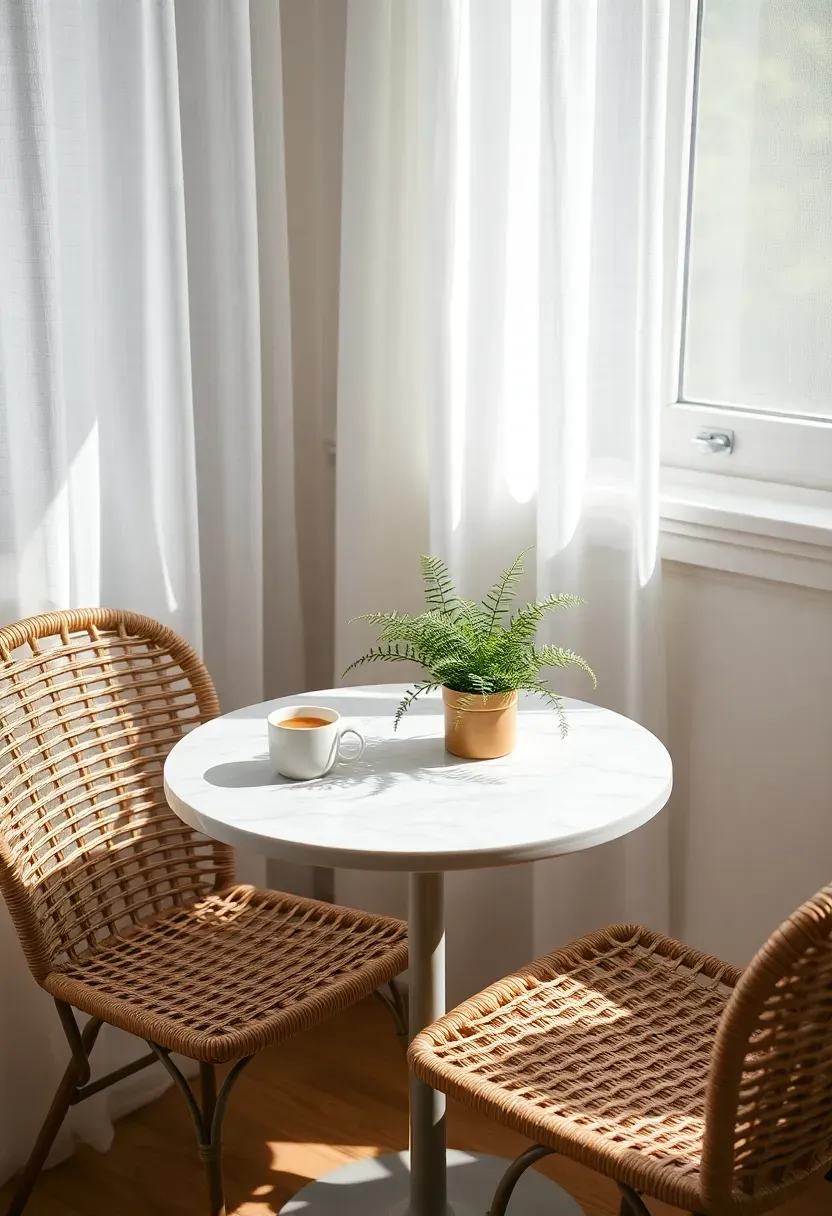 Tiny sunroom corner with a round marble-top bistro table and two wicker cafe chairs, a small potted fern on the table, morning light filtering through sheer white curtains