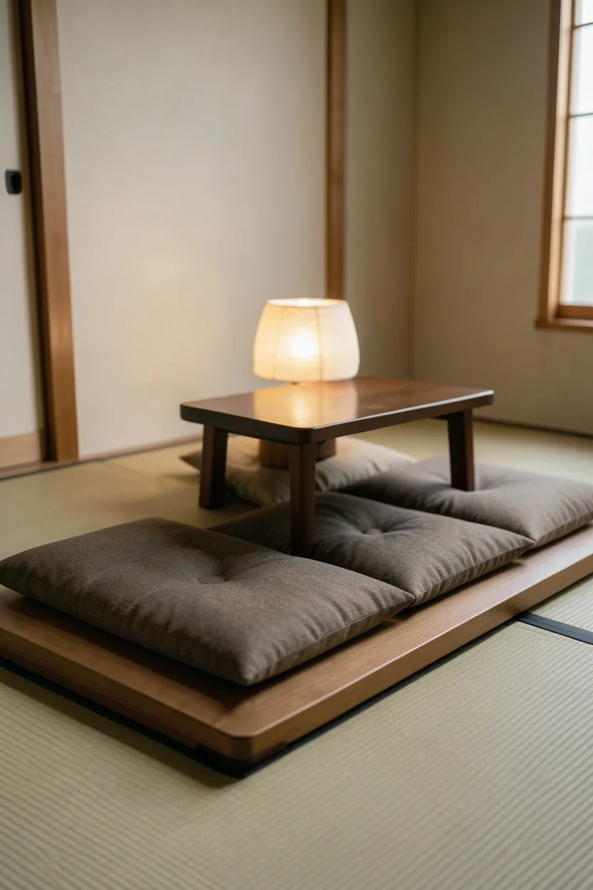 Low tatami platform with a cream floor cushion and small wooden table beside a paper shade floor lamp — Japanese-inspired minimalist bedroom reading corner