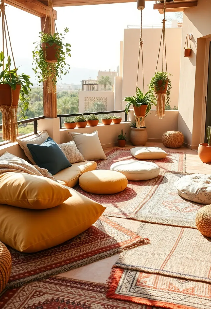 Bohemian sun terrace covered in layered rugs and oversized floor cushions, macramé hangings, potted succulents, and warm afternoon sun