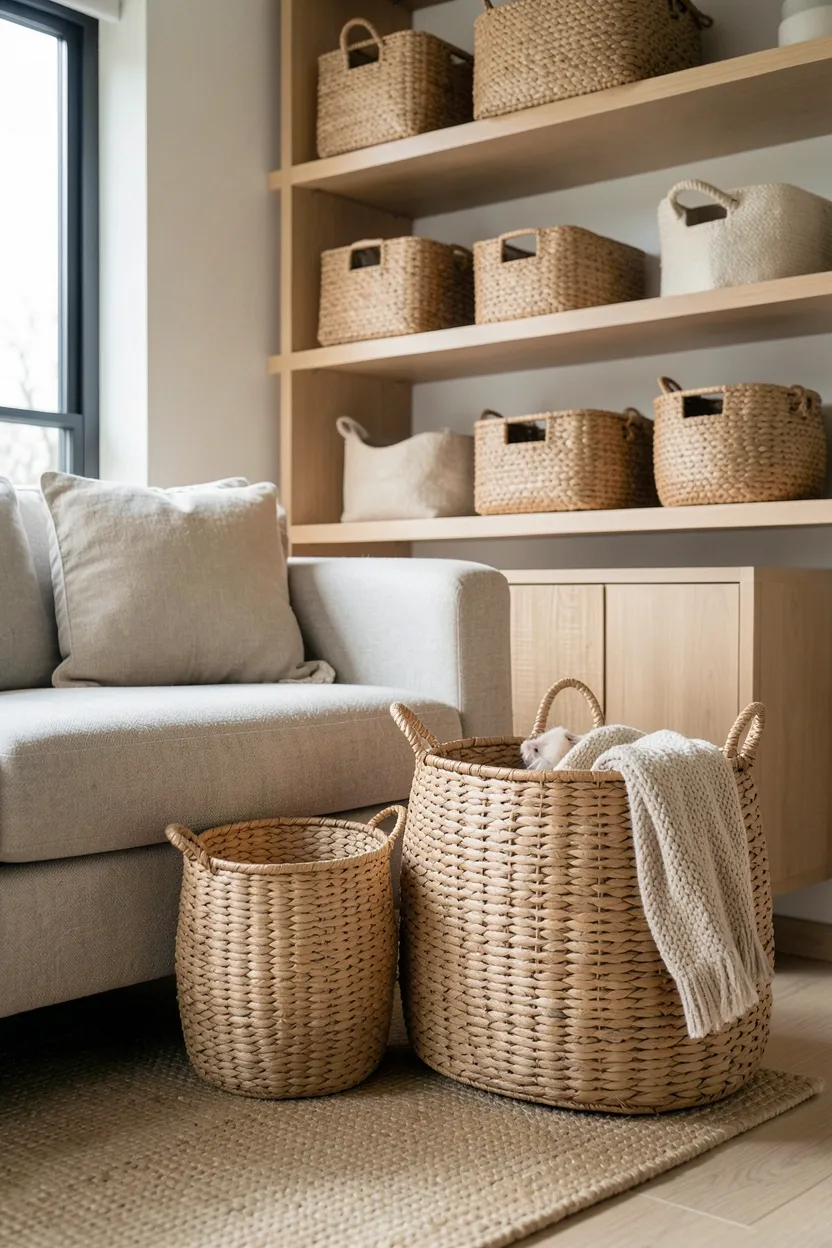 Large natural seagrass basket beside a Japandi sofa storing cozy throws and blankets while adding organic texture to the living room