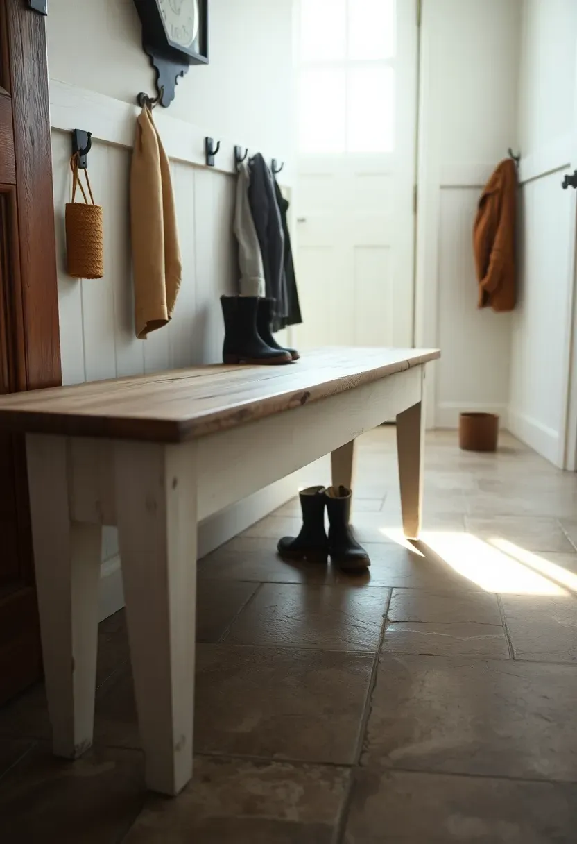 Long distressed wooden bench with thick plank seat and simple tapered legs in a bright farmhouse entryway